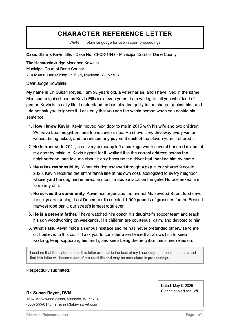 Plain language legal character reference letter